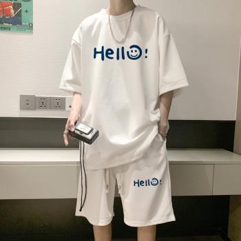 華夫格短袖短褲套裝男夏季美式復古運動服大碼男裝搭配休閑兩件套