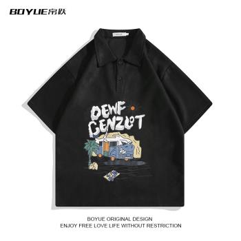 BOYUE帛躍麂皮絨印花polo衫夏季美式趣味卡通落肩休閑日常男短袖