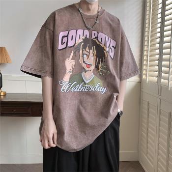 咖啡色短袖t恤男夏季潮牌美式vintage半袖上衣青少年復古做舊體恤