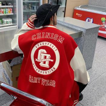秋季外套男美式hiphop棒球服毛呢拼接休閑上衣潮牌寬松飛行員夾克
