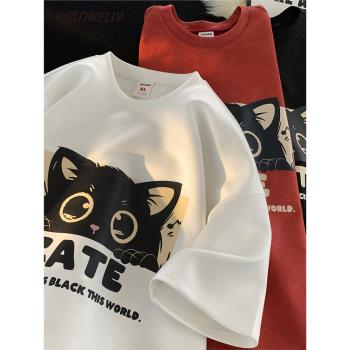 潮牌麂皮絨半袖上衣服小貓印花
