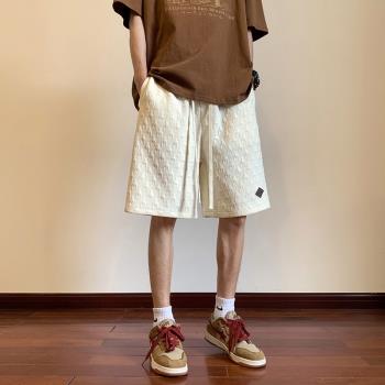 白色短褲男夏季薄款提花五分褲子男士直筒寬松休閑褲美式運動褲潮