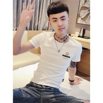 社會人短袖男精神小夥修身潮男t恤網紅緊身半袖圓領純棉潮流上衣