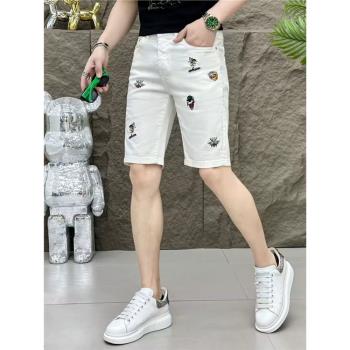 歐貨夏季男士修身時尚男牛仔褲潮牌刺繡休閑薄款百搭白色潮流短褲