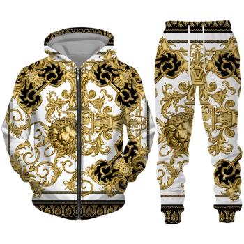 Casual 3D printed zippered hood set 休閑3D印花拉鏈連帽套裝男
