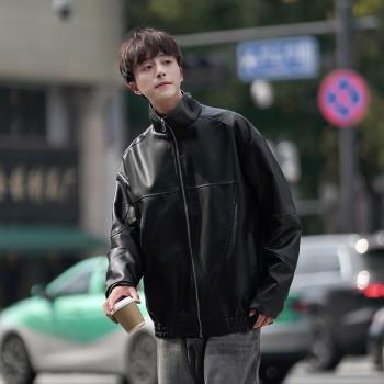 皮衣外套男秋季防風機車服美式機能風pu皮夾克青少年痞帥立領上衣