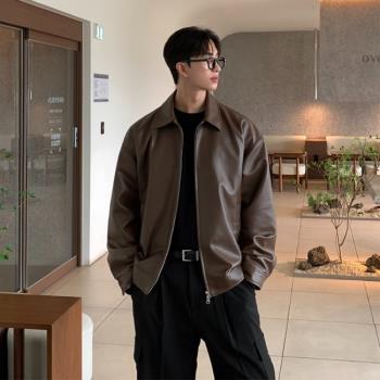 咖啡色皮衣男外套高階感痞帥上衣男士皮夾克美式復古飛行員機車服
