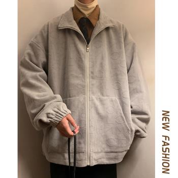 雪尼爾連帽外套男春秋款潮流高階感提花上衣秋季美式休閑立領夾克