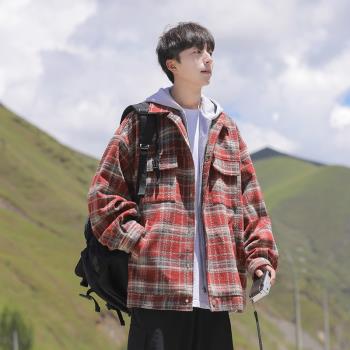 日系復古cityboy格子外套男秋季新款假兩件連帽上衣男士休閑夾克