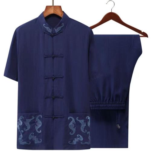 中國風男裝夏季唐裝男短袖套裝爺爺亞麻中老年爸爸裝棉麻夏裝襯衫