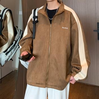 美式復古vintage棒球服男春秋新款潮牌麂皮絨外套青少年帥氣夾克