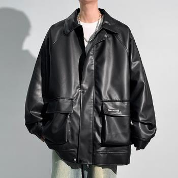 PU皮夾克男美式復古工裝外套秋季潮流寬松機車服皮衣男士痞帥上衣