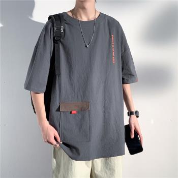 工裝棉麻短袖T恤男士夏季日系復古潮牌寬松大碼圓領亞麻半袖體恤