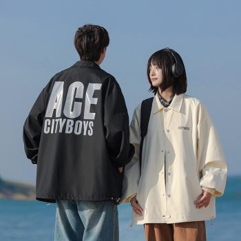 情侶外套春秋款日系復古cityboy上衣潮牌寬松教練夾克休閑運動服