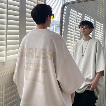 美式重磅260goversize麂皮絨短袖夏季男款復古t恤潮牌潮流七分袖
