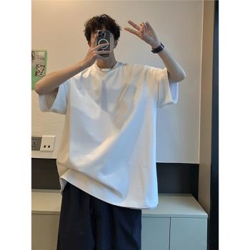 重磅純棉t恤男短袖夏季簡約潮流青少年寬松大碼純色半袖體恤衣服