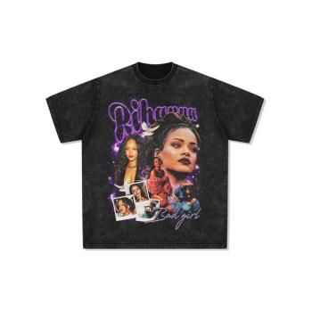 美式復古嘻哈蕾哈娜Rihanna印花短袖t恤水洗重磅純棉圓領寬松潮男