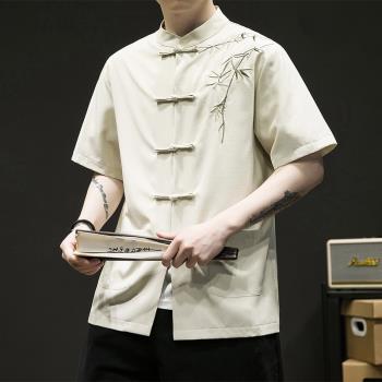 夏季中國風亞麻襯衫男短袖襯衣中式改良漢服唐裝刺繡棉麻半袖上衣
