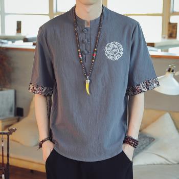 中國風復古刺繡T恤男亞麻中式唐裝青年夏季短袖襯衫棉麻上衣潮流