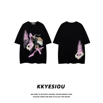 KKyesiou美式復古嘻哈天使撞色短袖T恤男女oversize情侶半袖上衣