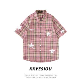 KKyesiou設計感星星刺繡格子短袖襯衫男女學院風美式復古情侶上衣