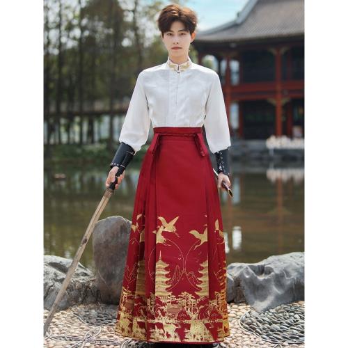 國風立領長袖襯衫男上衣搭配紅色織金馬面裙套裝漢服男大碼新中式