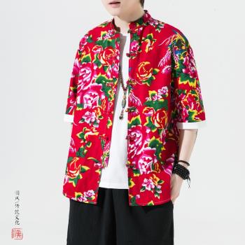 中國風夏季男式短袖東北大花襯衫加大碼寬松襯衣中式立領半袖上衣