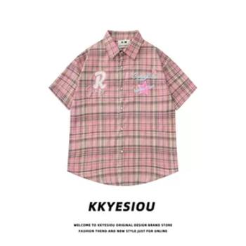 KKyesiou美式潮牌暗粉色格子短袖襯衫男女復古刺繡學院風上衣外套