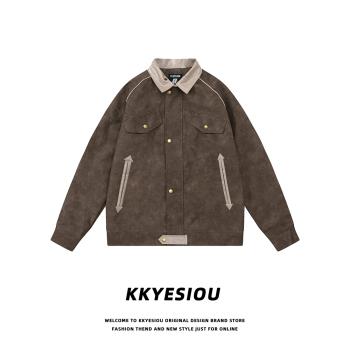 KKyesiou美式潮牌絨面復古情侶棒球服男女學院風寬松拼接情侶外套