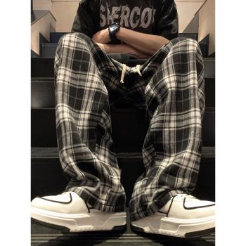 美式復古格子褲子男款秋冬季加厚直筒寬松潮牌垂感闊腿休閑長褲