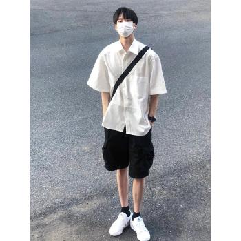 cityboy少年感穿搭短袖白襯衫男潮牌潮流復古高級感半袖襯衣夏季