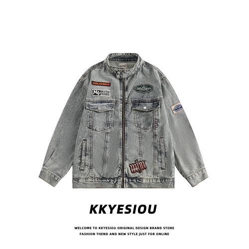 KKyesiou潮牌機車風繡標牛仔外套男女美式復古做舊立領情侶棒球服
