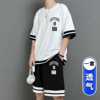 青少年夏季冰絲短袖T恤男運動套裝帥氣短褲初高中學生大童籃球服