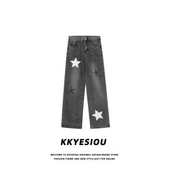 KKyesiou美式復古星星貼布刺繡休閑牛仔褲男女歐美ins潮高街直筒