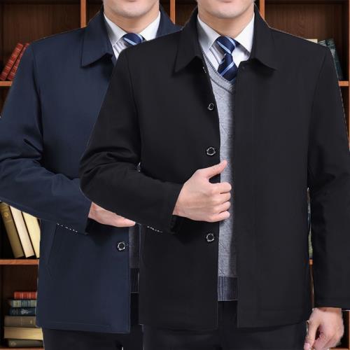中老年男外套爸爸春秋薄款上衣中年人翻領休閑純色扣子寬松茄克衫