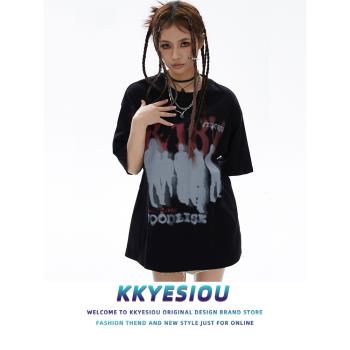 KKyesiou美式復古潮牌抽象塗鴉短袖T恤男女oversize情侶純棉上衣