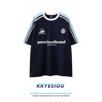 KKyesiou美式復古潮牌插肩袖短袖T恤男撞色拼接oversize情侶上衣