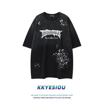 KKyesiou美式復古潮牌字母短袖T恤男女oversize寬松百搭情侶上衣