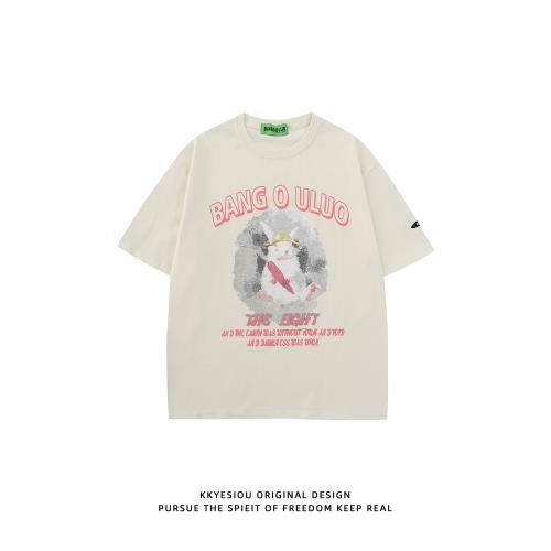 KKyesiou甜美兔子噴漆印花日系短袖T恤男女oversize情侶純棉體恤