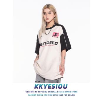 KKyesiou潮牌設計感字母印花短袖T恤男女oversize純棉情侶運動tee