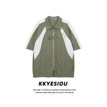 KKyesiou美式復古潮牌撞色黑白拉鏈襯衫男女街頭百搭情侶短袖上衣