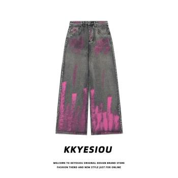 潮牌KKyesiou噴漆嘻哈高腰牛仔褲