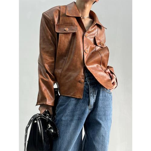 yghome大牌感高端墊肩蛇紋皮衣外套男復古美式寬松翻領pu皮夾克潮