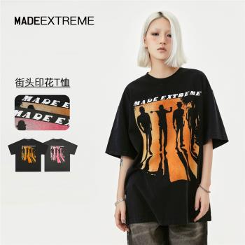 街頭潮牌寬松情侶短袖T恤男女字母純棉重磅tee落肩大碼五分體恤衫