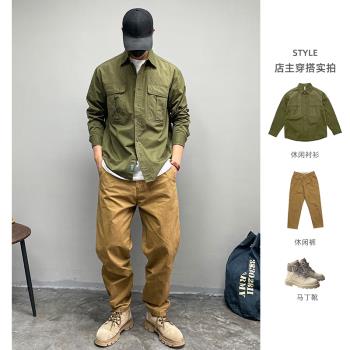 美式復古戶外休閑工裝長袖襯衫雙口袋重磅純棉水洗時尚男裝襯衣