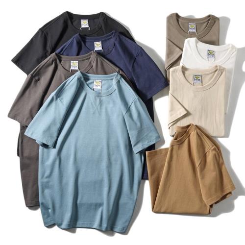 出口訂單！高克重水洗全棉！剪標外貿男上衣 夏季圓領純色短袖t恤