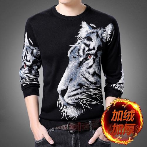 冬季加絨加厚毛衣男印花中青年針織衫帶圖案羊絨羊毛保暖線衫男裝