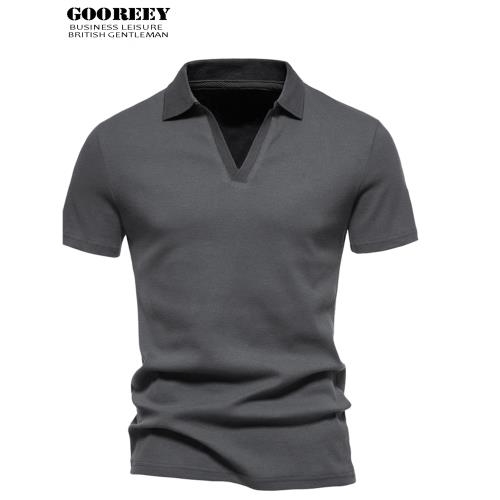 GooReey!簡約夏季男短袖t恤翻領復古純棉個性彈力潮流V領修身體恤