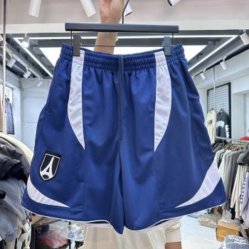 2024夏季美式刺繡徽章藍白拼色短褲男女寬松透氣排汗運功休閑褲潮
