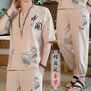 中國風男裝夏季棉麻短袖t恤套裝寬松亞麻唐裝2024新款男士漢服潮